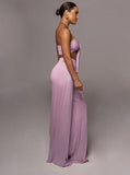 Taooba- Pink Lace-Up Tube Top and Mid Waist Wide Leg Pants