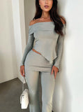 Taooba- Gray Off Shoulder Asymmetrical Top and Pants Set