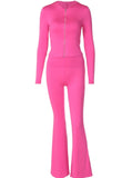 Taooba- Pink 2 Piece Crop Top Zipper Jacket and Flared Pants Set