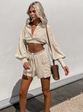 Taooba- Navel-Baring Long-Sleeved Lace-up Short Casual Set