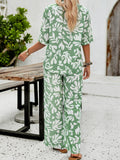 Taooba- Casual Green Overall Printed Loose Button Down Shirt and Pants Set