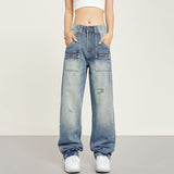 RTK (W) Taooba. 1493 DISTRESSED WASHED BLUE FRONT POCKET STRAIGHT DENIM JEANS