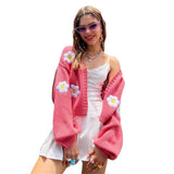 frat outfits Women's Autumn New Sweet Flower Pattern Sweater Cardigan Loose Short Knitted Women's Sweater