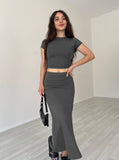 Taooba- Casual Gray Round Neck Crop Top and Skirt Set