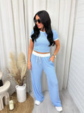 Taooba- Casual Blue Two Piece Round Neck Short Sleeve Tops Wide Leg Pants Set