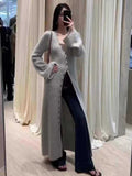 datenight fall outfits Women's Long Knitted Cardigan 2024 Autumn Elegant Slim Fit Casual V-neck Sweater Coat