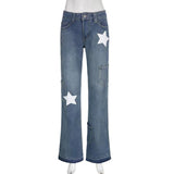 90s fashion Street Vintage Washed Old Five-Pointed Star Printed Dirty Doll Asymmetric Stitching High Waist Straight Frayed Jeans