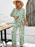 Taooba- Casual Green Overall Printed Loose Button Down Shirt and Pants Set