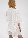 Taooba- Two Piece Ruffled Heart Printed White Short Sleeve Shorts Suit