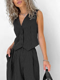 Taooba- Striped Buttoned Vest and Lose Pants Set