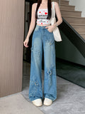 mens fashion 2024 Retro Heavy Industry Bow Metal Ring Distressed Niche Wide Leg Straight High Waist Jeans for Women