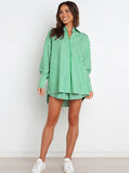 Taooba- Green Striped Long Sleeves and Shorts Set