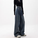 90s streetwear American Retro Washed High Waist Loose Wide Leg Jeans Women's Autumn and Winter New Pleated Slimming Mop Pants Ins