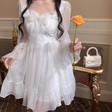 pop culture dress to impress French Sweet First Love Fairy Skirt 2024 Spring and Summer Age-Reducing Bow Waist Slimming Princess Style Mid-Length Dress