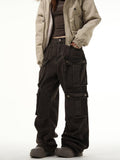 Taooba- 10709 WASHED BROWN CARGO STRAIGHT DENIM PANTS