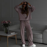 90s streetwear 2024 Casual Autumn Women's Suit Solid Color Long-Sleeved Cardigan Cap Top Sports Trousers Two-Piece Set