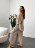 Taooba- Simple Cardigan Long-Sleeved Top Pocket Wide-Leg Trousers Set