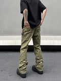 guys fits American Vibe Style Army Green Logging Overalls Ins Straight Micro Flared Trousers Cleanfit Pants