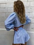 Taooba- Two Piece Long-Sleeve Plaid Crop Shirt High Waist Mini A-Line Shorts Set