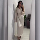 classy demure mindful dress to impress Women's Autumn New Long Dress Elegant Long Waist Chain Solid Color Satin Dress