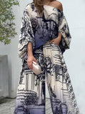 Taooba- Temperament Printed Long Sleeved Bat Shirt Wide Leg Pants Suit