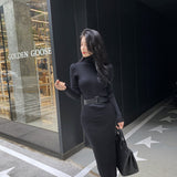 business casual outfits Korean Model Autumn and Winter Inner Wear Slim-Fit Belt Mid-Length over-the-Knee Knitted Bottoming Sheath Dress