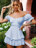 Taooba- Sexy Blue Off Shoulder Tie Waist Top and Short Set