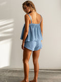 Taooba- Solid Color Pleated Top and Shorts Set