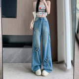 Taooba mens fashion 2024 Retro Heavy Industry Bow Metal Ring Distressed Niche Wide Leg Straight High Waist Jeans for Women