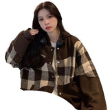 tomboy fits Plaid Coat for Women New Spring and Autumn American Retro Street Fashion Ins Loose Korean Style Student Baseball Uniform