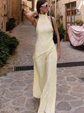 Taooba- Solid Color Halter Neck Backless Sleeveless Vest Trousers Suit