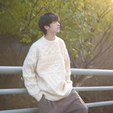 outfit inspo fall Lazy Sweater Men's Autumn and Winter New Thick Thread Twist Thickened round Neck Rhombus Pullover Loose Wool Sweater Fashion