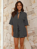 Taooba- Black Striped Half Sleeve Tops and Shorts Set