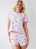 Taooba- Two Piece Knitted Heart Print Short-Sleeved Shorts Set