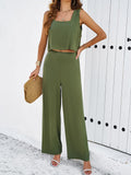 Taooba- Green Two Piece Sleeveless Top and Loose Pants Set