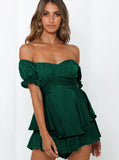 Taooba- Sexy Green Off Shoulder Tie Waist Top and Short Set