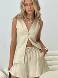 Taooba- Lace-Up Wrinkled V-Neck High-Waist Casual Two-Piece Suit