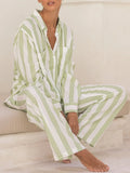 Taooba-Women Striped 2 Piece Pajamas Set Y2K Long Sleeve Baggy Shirt Wide Leg Pants Lounge Sleepwear Pj Matching Sets