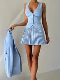 Taooba   Fashion Skirt Two Piece Sets Women V Neck Single-breasted Vest Tops And Pleated Mini Skirt Sexy Two Piece Sets Clothes