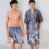 Taooba-Half Sleeve Print Men Satin Kimono Nightwear Crane Sleepwear Home Dressing Gown Robe Set Loungewear Nightgown Bathrobe