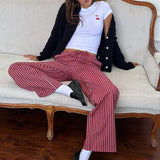 Taooba Spring Fall Wide Leg Pants Striped Plaid Drawstring Elastic Waist Trousers with Pockets Women Casual Lounge Pajamas Vintage Pant