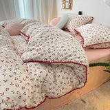 Taooba Christmas gift Bedding Set INS Girls Cherry  Soft Washed Cotton Bed Sheet Queen King Size Duvet Set  Comforter Set Pillowcase Bed Linens