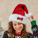 Taooba-Christmas Sequin Hat for Adults, Sparkle Santa Cap with Bow Party Christmas Home Décor