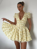 Taooba Lemon Bloom V-Neck Mini Dress