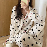 Taooba Christmas gift 2 Pieces Womens Pajamas Long Sleeve Sleepwear Korean Heart Print Pijama Set Casual Nightwear Lady Home Suit Spring Pyjama Nighty