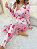 Taooba-Valentines Day Women Sexy Bodycon One Body Pajama Heart Print Long Sleeve Button V Neck Jumpsuit 1Piece Romper Sleepwear