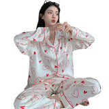 Taooba Christmas Outfit Women's Pajamas Sets Spring Autumn 2 Piece Print Heart Pyjama Faux Silk Satin Sleepwear Long Sleeve Pijama Mujer Pjs Homewear