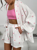 Taooba Linad Cotton Pajamas For Women 2 Piece Sets Print Long Sleeve Sleepwear Sashes Casual Female Suits With Shorts Autumn 2023