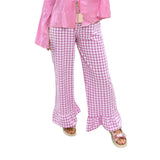 Womens Y2k Plaid Print Pants Gingham Ruffled Hem Elastic Waistband Wide Leg Loose Casual Pajama Trousers Streetweart