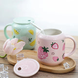 1pc 400ml Cute Fruits Mugs Creative Can Cartoon Ceramic Mug With Straw Lid Milk Tea Mug Office Home Travel Coffee Water Cup